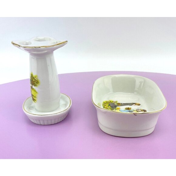 Vintage 80s bathroom 2 pieces set, toothbrush holder, soap holder, porcelain - Picture 5 of 10
